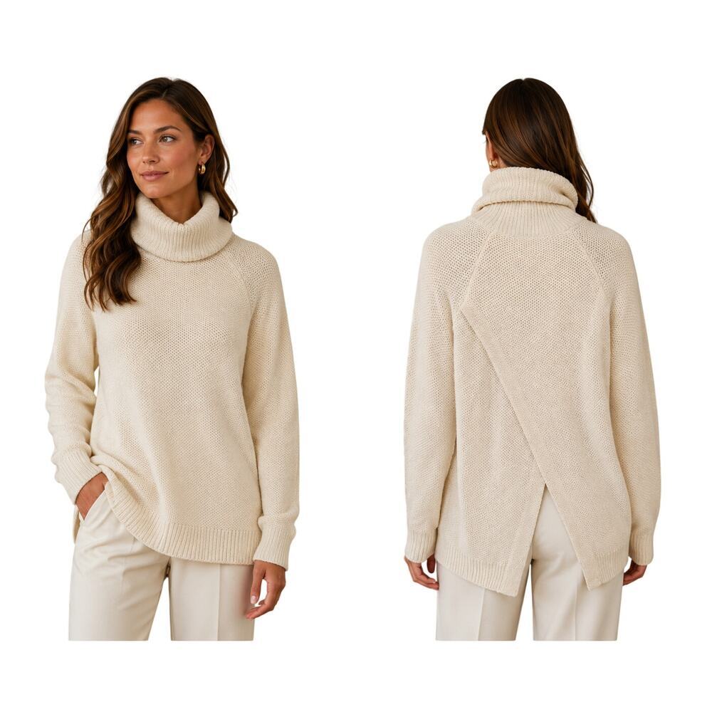 Madewell S knit neutral cream old money turtleneck winter warm split black EUC